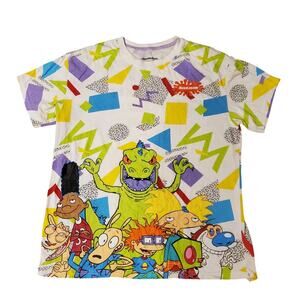 Nickelodeon Rugrats Ren Stimpy T-Shirt Sz L White Reptar Hey Arnold Cartoon